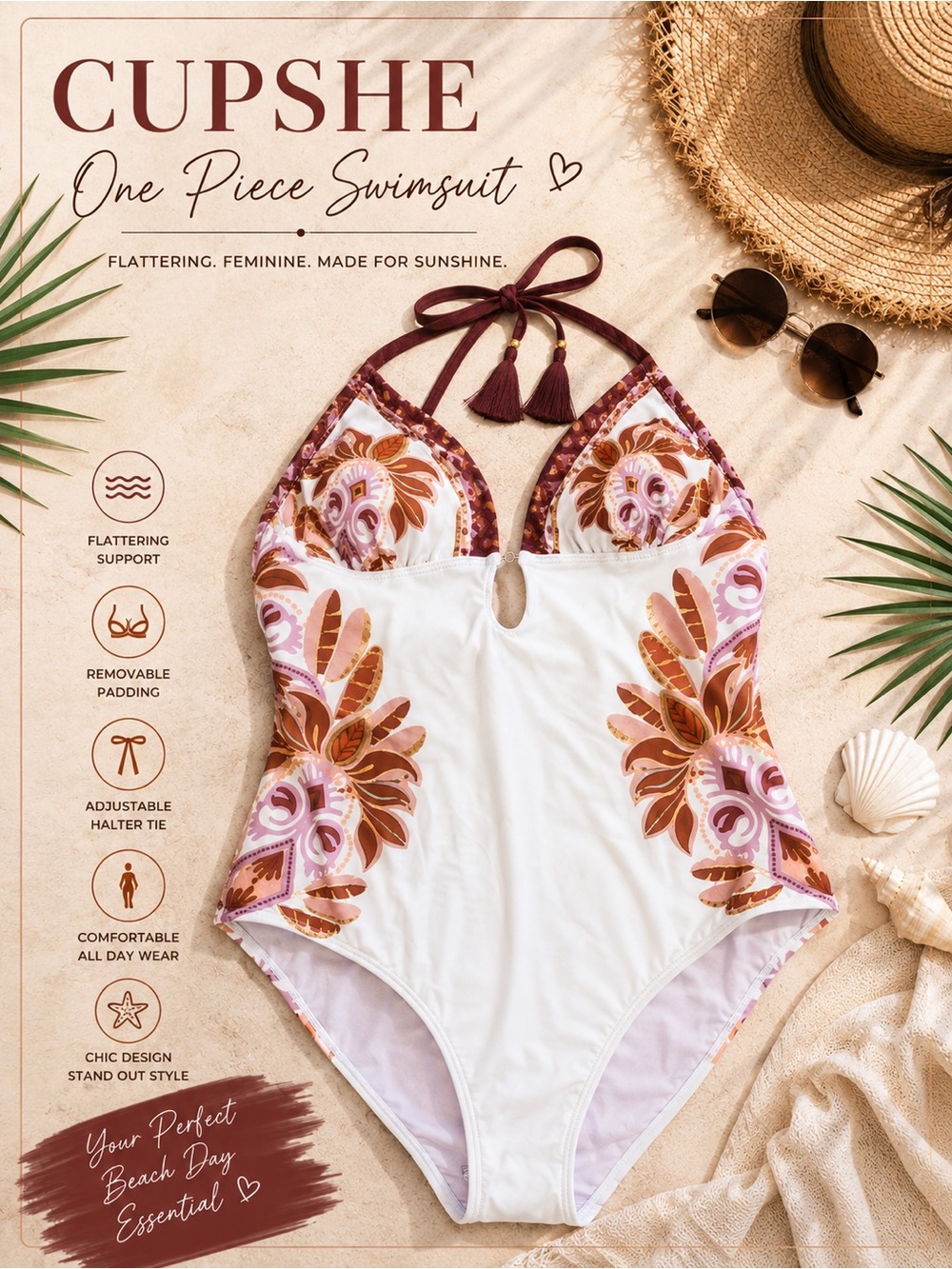 Cupshe White One-Piece Swimsuit with Pink & Brown Floral Motif Medium NWT